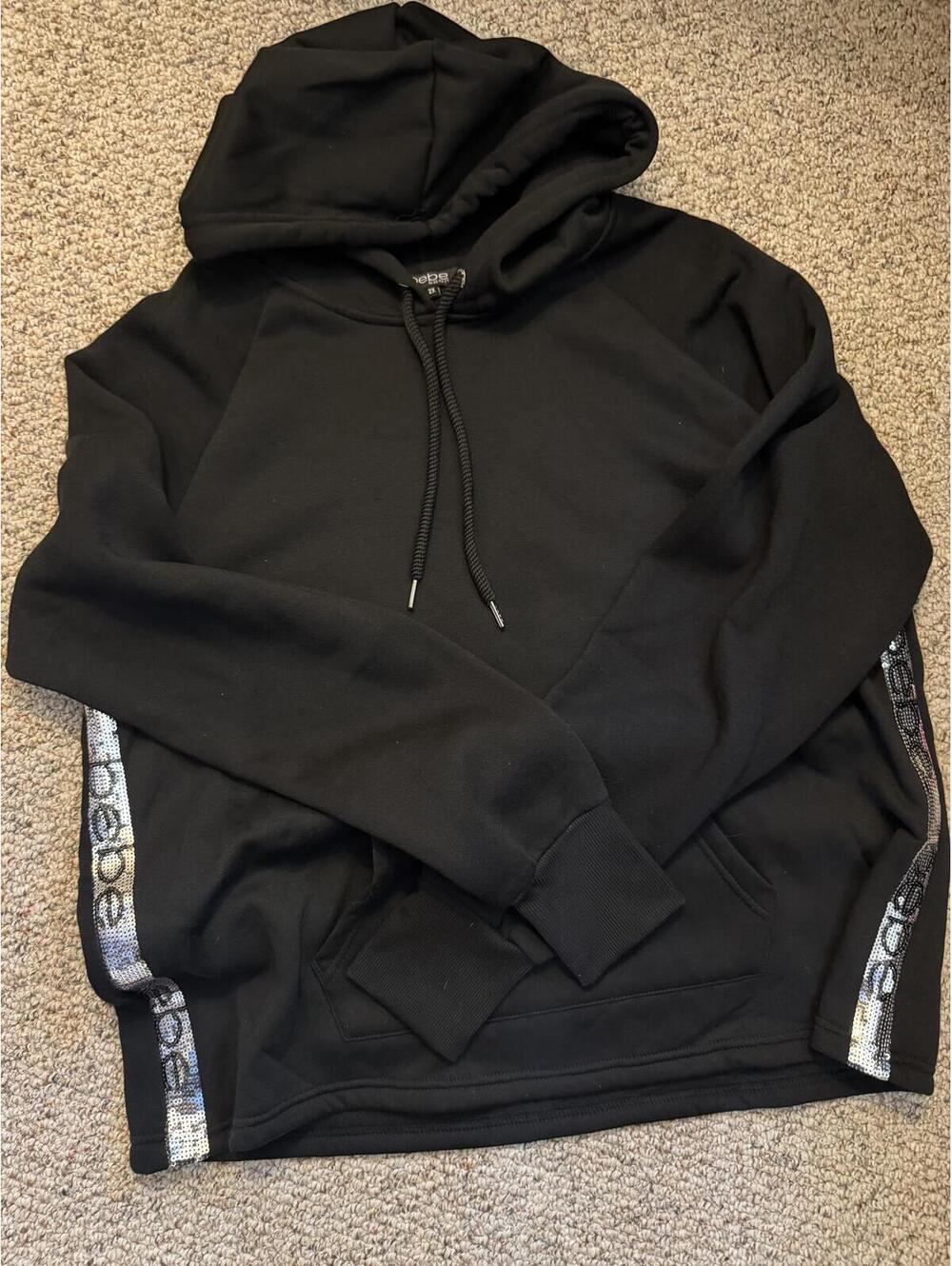 BEBE Sport shiny silver sequin stripe black hoodie